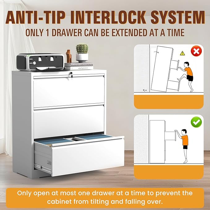 3-Drawer Lateral File Cabinet with Lock, Black Metal Filing Cabinet for Office or Home – Secure Storage for Letter/Legal/A4/F4 Documents, Easy to Assemble Locking File Organizer (White, 3 Drawer-40"H)