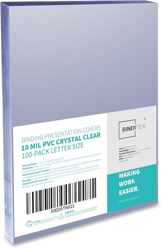 Binditek 100 Pack 10 Mil PVC Clear Binding Covers, 8.5 x 11 Inches, Letter Size, Square Corners, Un-Punched, Office Supplies
