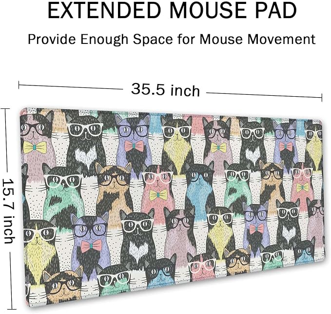 SSOIU Extended Gaming Mouse Pad Mat Large Desk Mat Non Slip Rubber Base Computer Desktop Laptop Keyboard Mouse Mat Stitched Edges, 35.5x15.7 in XXL Waterproof Mousepad for Work Game, Hipster Cute Cats