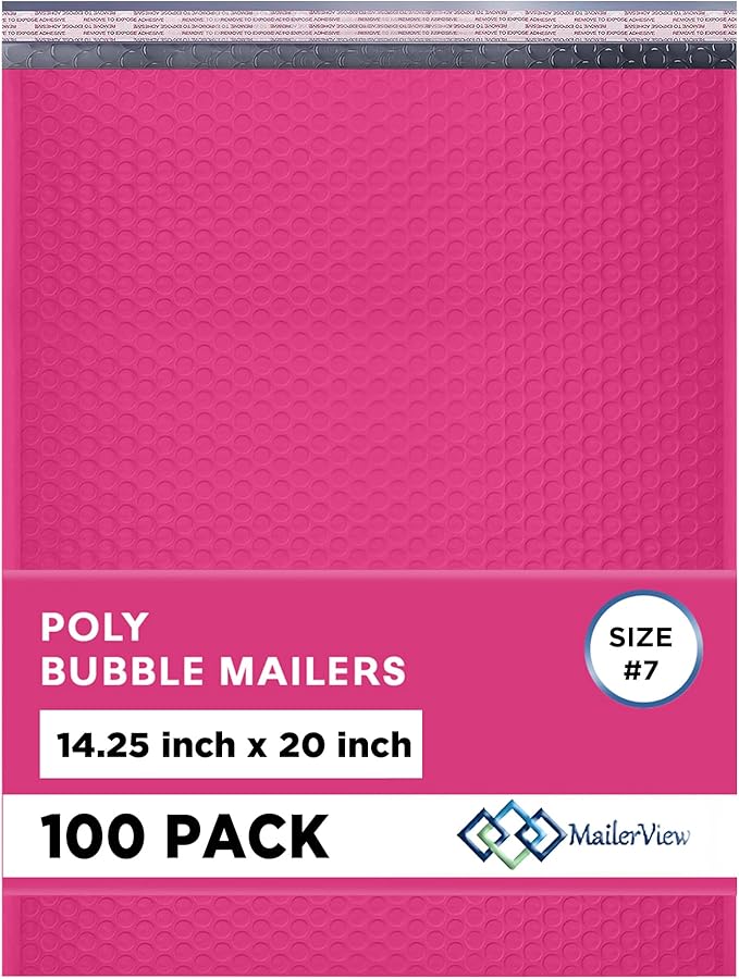 Hot Pink Extra Large Poly Bubble Mailers 14.25x20 inch #7 | Self Seal Large Padded Envelopes | Air Cushioned Bubble Mailer | Usable Size 14.25x19 Lightweight Mailing Shipping Bags| 100 Pack Bulk