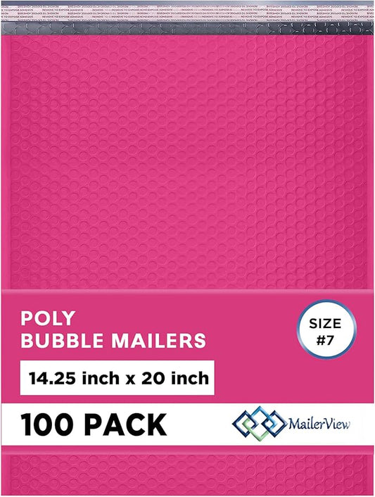 Hot Pink Extra Large Poly Bubble Mailers 14.25x20 inch #7 | Self Seal Large Padded Envelopes | Air Cushioned Bubble Mailer | Usable Size 14.25x19 Lightweight Mailing Shipping Bags| 100 Pack Bulk