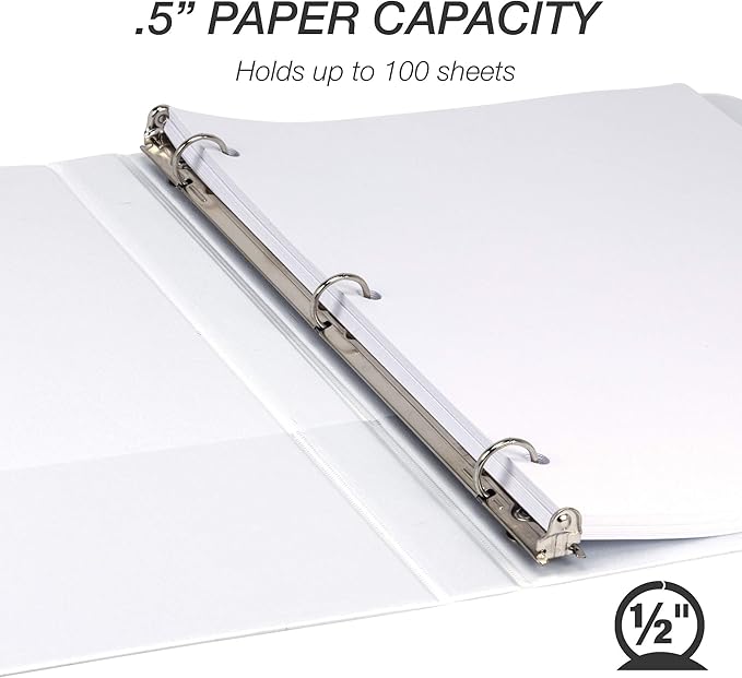 Samsill Durable .5 Inch Binder, Made in the USA, Round Ring Customizable Clear View Binder, White, 8 Pack (S88417)