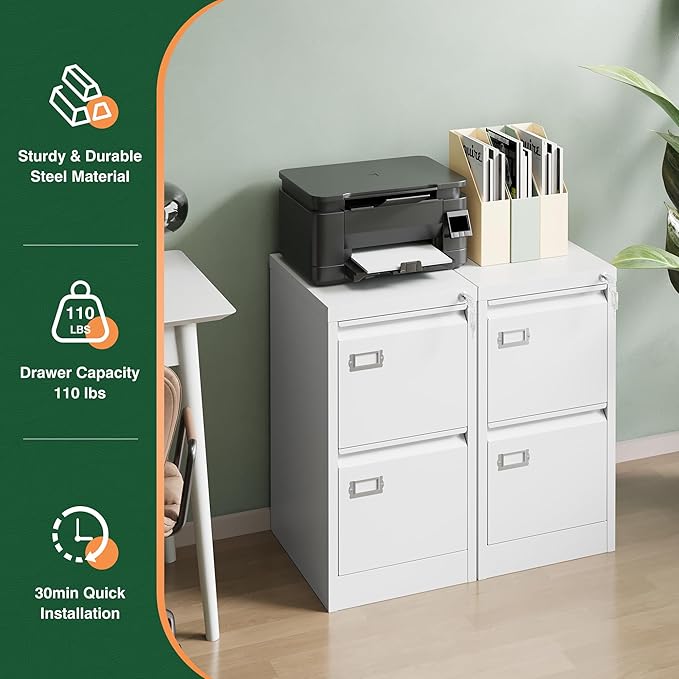 Letaya 2 Drawer File Cabinet with Lock,Metal Office Small Filing Cabinets for Home Office- Storage A4/F4/Letter/Legal -Assembly Required (White)