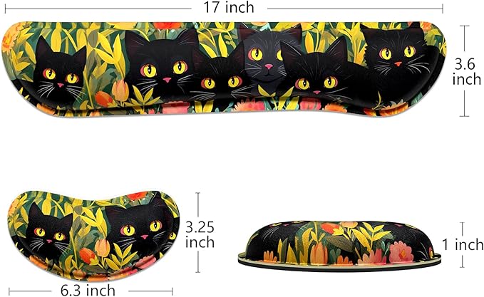 Dapesuom Enlarge Keyboard Wrist Rest, Memory Foam Wrist Cushion for Desk Mats Support, Cute Typing Pain Relief Keyboard Mouse Pad Rests Set with Non-Slip Base for Gaming Laptop Computer, Black Cats