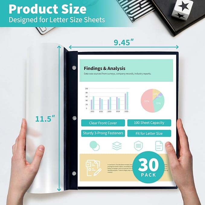 Binditek 30 Pack Clear Front Report Covers with 3 Prongs, 100-Sheet Capacity, Heavy-Duty Plastic Report Folder with Black Back Covers, 3 Metal Prongs Fasteners, for Letter Size, Office Supplies