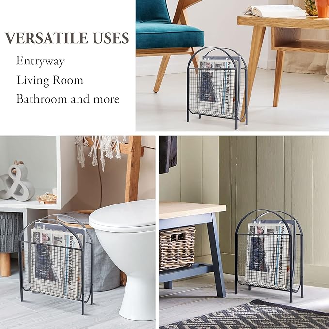 MyGift Mid-Century Design Magazine Rack, Matte Black Tone Metal Mesh Freestanding Magazine Organizer Holder Sling