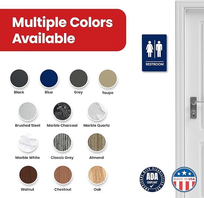 Promot Unisex Bathroom Sign – ADA Braille Restroom Sign for Business, Self-Adhesive, 9" x 6", Commercial Door Signage, Office Wall Decor - Blue