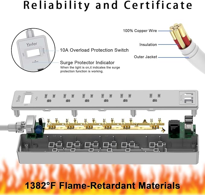 6Ft Power Strip Surge Protector - Yintar Extension Cord with 6 AC Outlets and 3 USB Ports for Home, Office, Dorm Essentials, 1680 Joules, ETL Listed, Grey