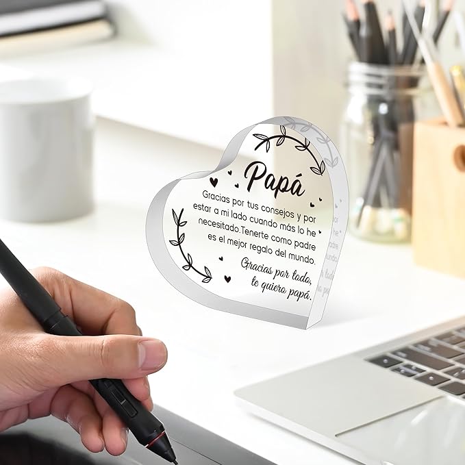 Yopyame Spanish Dad Birthday Gifts - Regalos para Papá Heart Acrylic Plaque for Office Desk Decor Keepsake Paperweights Gifts for Dad in Spanish Christmas Father's Day Gifts for Dad from Daughter Son