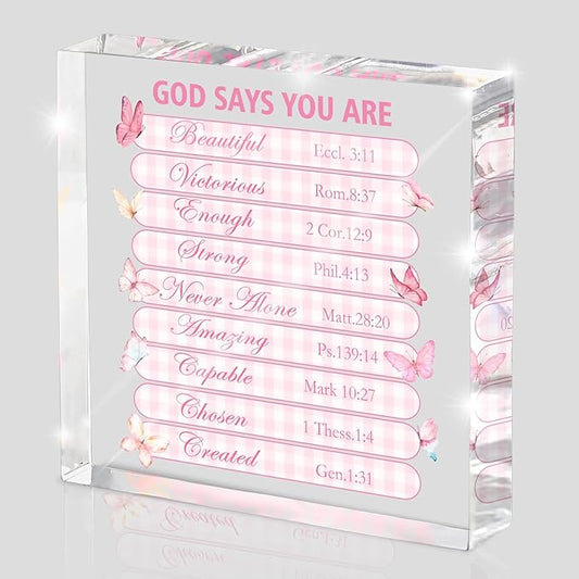Pink Christian Wall Decor - 4x4 Inch Acrylic Scripture Sign with Butterfly Graphic, Inspirational Bible Verses for Bedroom and Office, Faith-Based Gift for Women