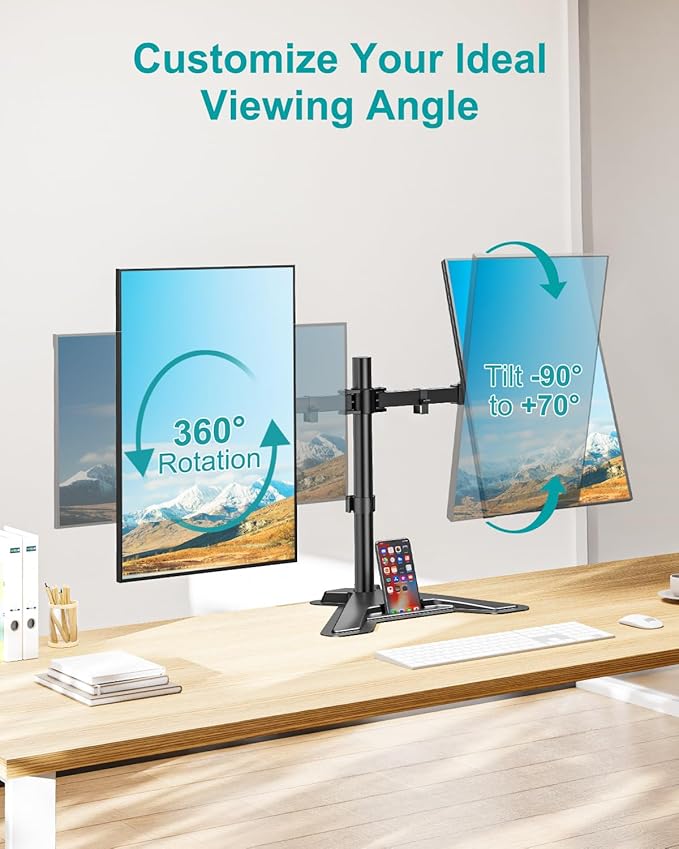 MOUNT PRO Dual Monitor Stand, Free-Standing Full Motion Monitor Desk Mount Fits 2 Screens up to 27 inches,17.6lbs with Height Adjustable, Swivel, Tilt, Rotation, VESA 75x75 100x100, Black