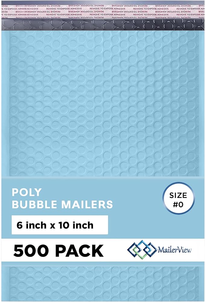 Light Blue Small Poly Bubble Mailers 6x10 inch #0 | Self Seal Padded Envelopes | Cushioned Bubble Mailer | Usable Size 6x9 | WaterProof | Lightweight mailing Shipping Bags | 500 Pack Bulk