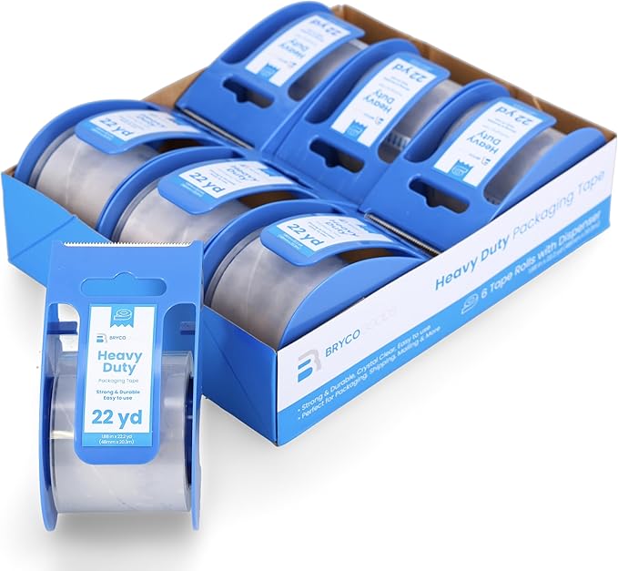 Bryco Goods Heavy Duty Packing and Moving Tape with Dispenser for Shipping and Moving Boxes, 1.88-inch x 22.2 yd, Clear, 6 Tape Rolls with Dispensers