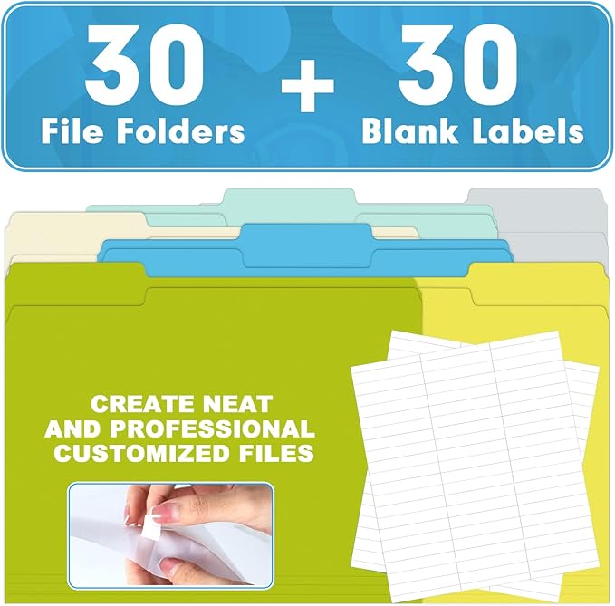 File Folder, HERKKA 30 Pack 1/3 Cut Tab File Folders, Letter Size, Assorted 6 Colors, Colored File Folders Designed for Office and Classroom Use