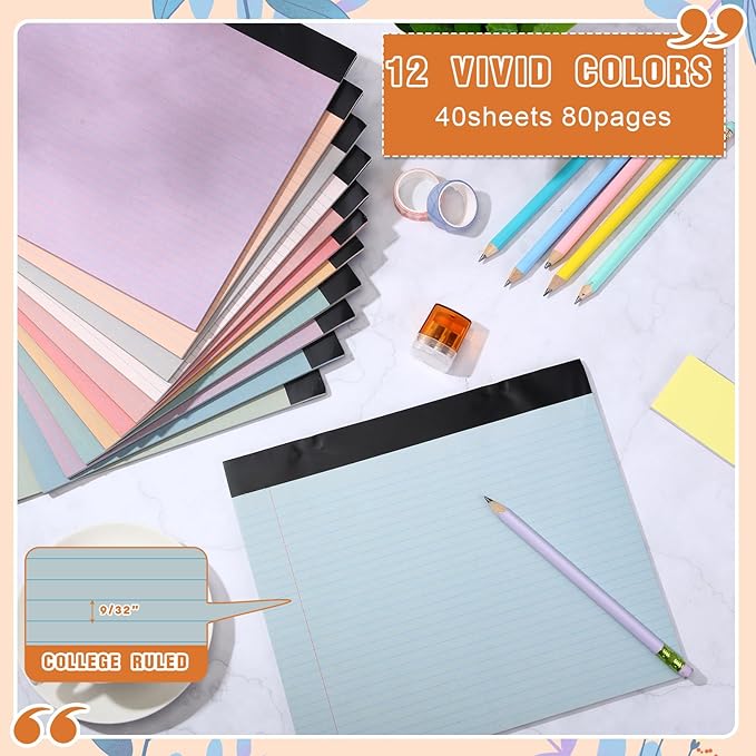 Lincia 12 Pcs 11" x 9.5" Legal Pads College Ruled Notepad Landscape Notebook Horizontal Lined Notebook 80 Gsm Assorted Colors Paper Pastel Writing Pads for School Office, 40 Sheet (Vintage Color)