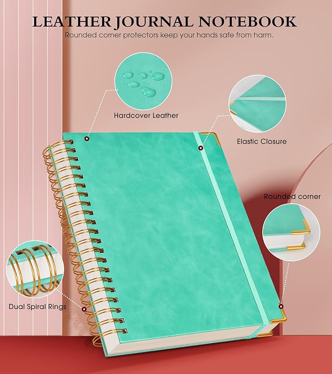 Spiral Notebook Journal 7.6” x 10”, 300 Pages Hardcover Leather Lined Journals for Women Men, B5 Large College Ruled Notebooks with 100 GSM Thick Paper, Spiral Journal for Writing Work School, Teal