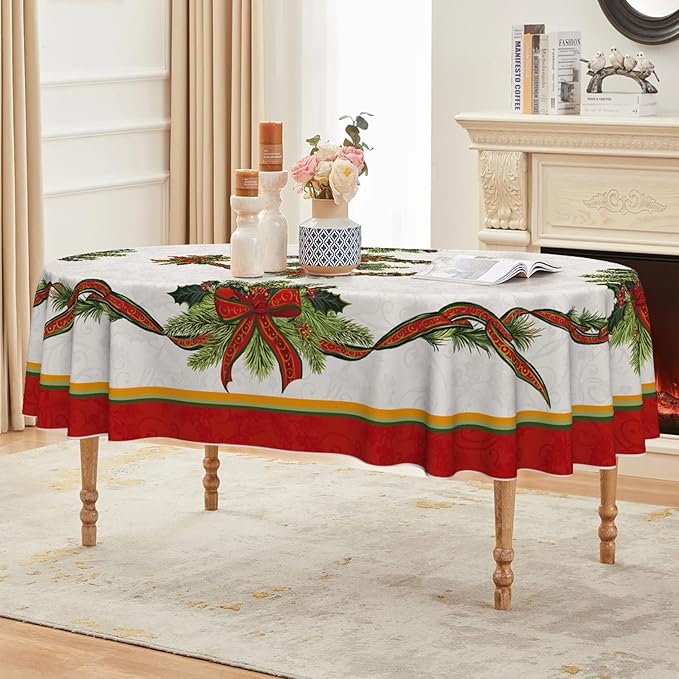 Horaldaily Christmas Tablecloth 60×84 Inch Oval, Poinsettia Golden Ribbon Washable Table Cover for Party Picnic Dinner Decor
