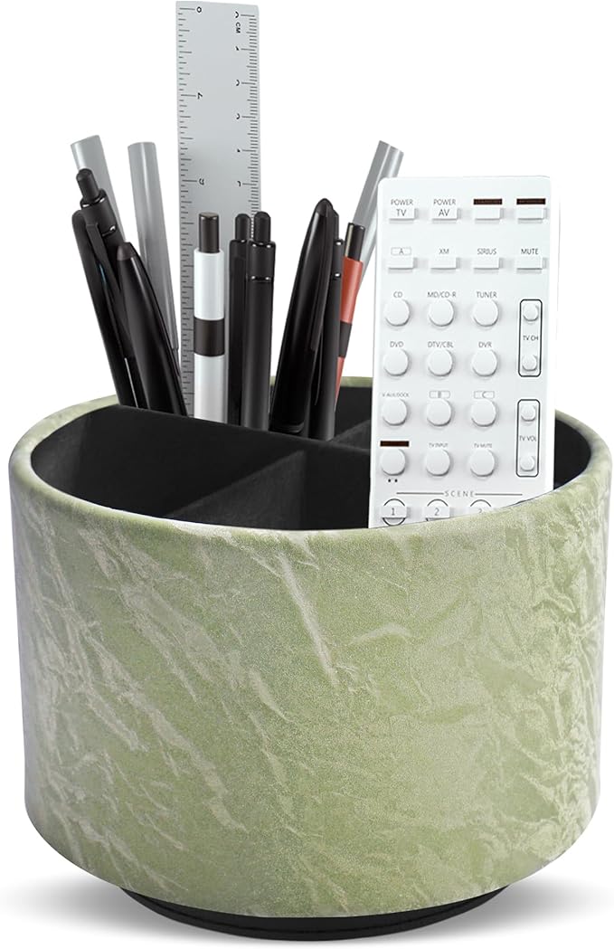 Hennaja Round Leather Art Supply Organizer,Remote Control Holder,360 Degree Spinning,Multi-Functional Pencil Holder,4 Compartments Desktop Stationary Organizer(1-Hill Green)