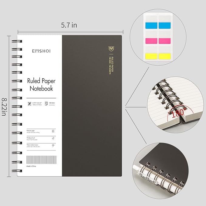EMSHOI A5 Spiral Notebook College Ruled Lined Journal, Small 5.7" X 8.22", 300 Pages/150 Sheets, 100gsm Thick Paper, Waterproof Hardcover, for Office School Women Men Work Writing Notes, Coffee