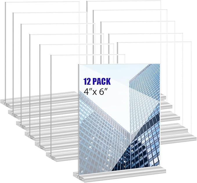 Acrylic Sign Holder 4x6 Inches 12 Pack T Shape Desktop Display Stand Vertical Double Sided Clear Table Menu Flyer Holder for Restaurants, Office, Shop, Wedding