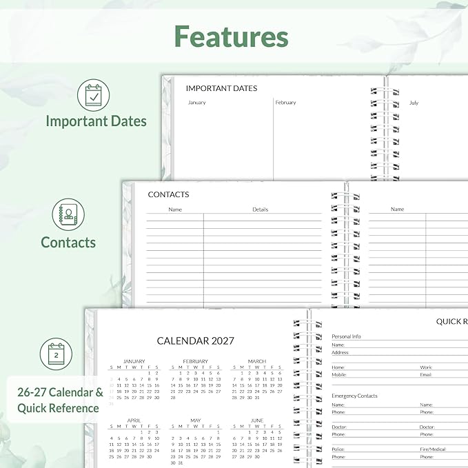 SUNEE 2026 Weekly and Monthly Planner - January 2026-December 2026, 6.4" x 8.3" Half Weekly Half Note, Daily Agenda Planner with PVC Waterproof Cover, Monthly Tab, Note, Pockets, Bookmark, Leaf