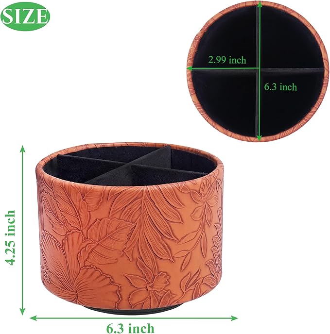 Hennaja Round Leather Art Supply Organizer,Remote Control Holder,360 Degree Spinning,Multi-Functional Pencil Holder,4 Compartments Desktop Stationary Organizer(1-Carved Brown)