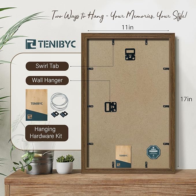 11x17 Picture Frame 3 Pack - Brown Woodgrain, Wood Photo Frame, HD Tempered Glass, Wall Gallery Poster Frame