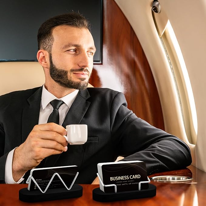 Amyhill 2 Pieces Wood Business Card Holder for Desk Wooden Business Card Display Stand Postcard Holder for Office Home Desktop (Black)