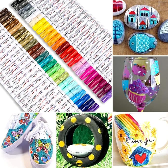 Paint Marker Pens - 48 Colors Permanent Oil Based Paint Markers, Medium Tip, Quick Dry and Waterproof Assorted Color Marker for Metal, Wood, Plastic, Rock Painting, Stone, Canvas, Glass, Ceramics