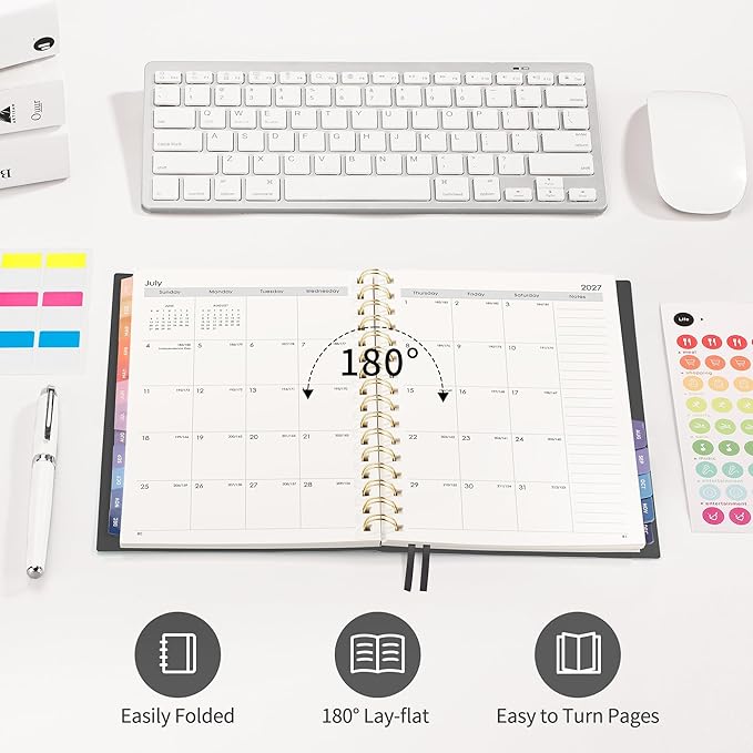 RETTACY 2026-2027 Monthly Planner, Jan 2026 - Dec 2027, Medium Size (5.7" x 8.3"), Agenda, Calendar, 24 Month Tabs, Flexible Plastic Cover, 100 GSM Thick Paper, Spiral-bound (Black)