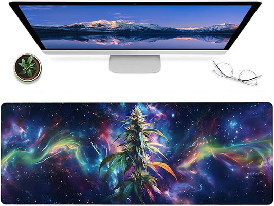 Green Weed Plant Gaming Mouse Pad,12x31.5in Non-Slip Rubber Botanical Desk Mat,Large Extended Cosmic Mystical Leaf Mousepad for Office Home Laptop,Mice Pads Gifts,Game Lover Deskmat Decor