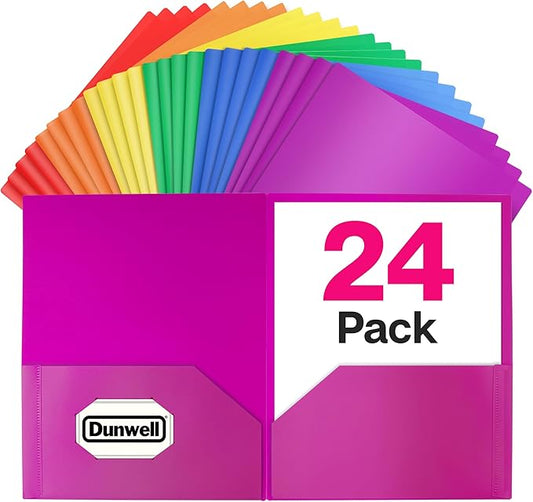 Dunwell Plastic 2-Pocket Folders (24 Pack, Assorted Colors), 8.5x11 Document Folders for School and Office, Heavy Duty Poly, Long Lasting, Includes Labels