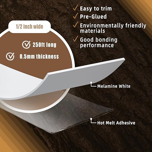 GSCIT Club White Melamine Edge Banding, 1/2 inch x 250ft Edge Banding with Hot Melt Adhesive Pre-glued Cabinet Edge Banding Flexible White Veneer Edging for Plywood