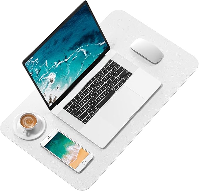 Hsurbtra Desk Pad, 23.6" x 13.8" PU Leather Desk Mat, M Extended Mouse Pad, Waterproof Desktop Blotter Protector, Non-Slip Ultra Thin Small Laptop Keyboard Writing Mat for Office Home, White
