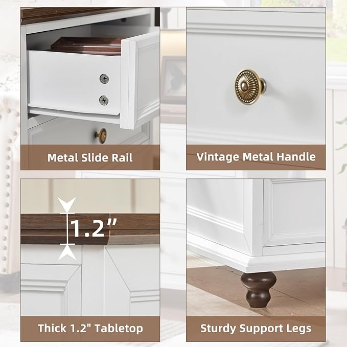 24" Wide Farmhouse Night Stand Set of 2,Large End Table with 3 Drawers & Metal Handle,White Wood Dresser for Bedroom Cabinet, Bed Side Table Chest of Drawers,Nightstand for Living Room,Closet