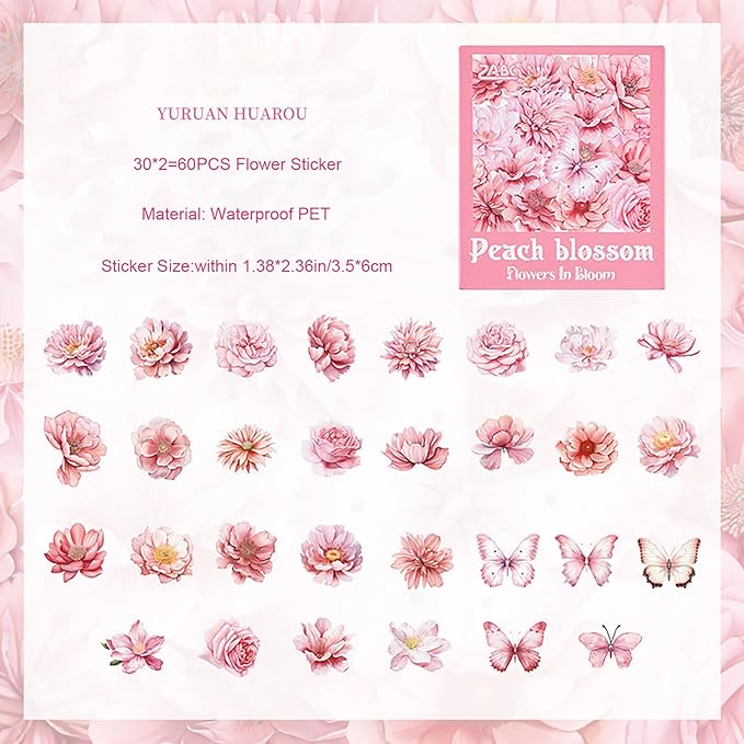 Doraking 60 Pieces Glitter Shiny Flower Stickers for Journaling, Waterproof Decorative Decal for Scrapbooking Supplies Journal Planners Art Crafts Photo Album Decor (Pink)