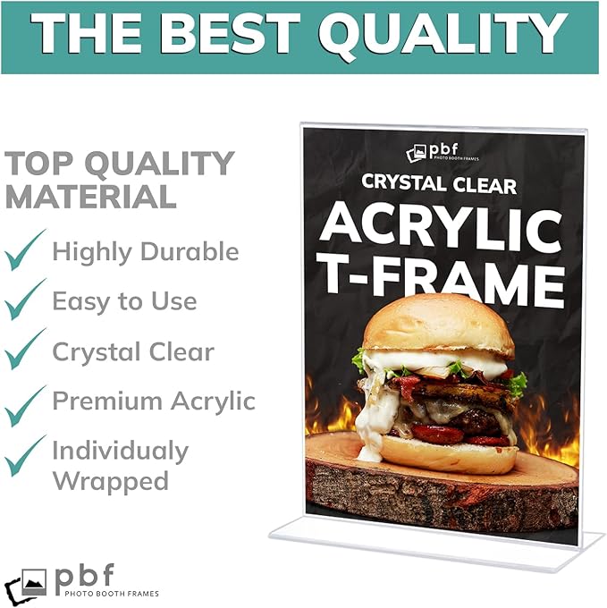 pbf 8.5x11 Acrylic Picture Frame Display Stand | 8.5 x 11 Vertical Clear Acrylic Sign Holder | T-Style Photo Frame for Table Sign, Tabletop Wedding Sign, Menu, QR Code (6-Pack)