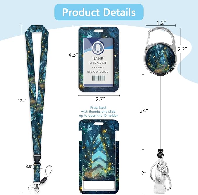 Gctriki Forest Fireflies Lanyards for ID Badges, Retractable Badge Holder with Heavy Duty Clip Keychain, Cruise Ship Cards Holder Name Tag ID Card, Teacher Nurse Women Men Security Staff Office Gift