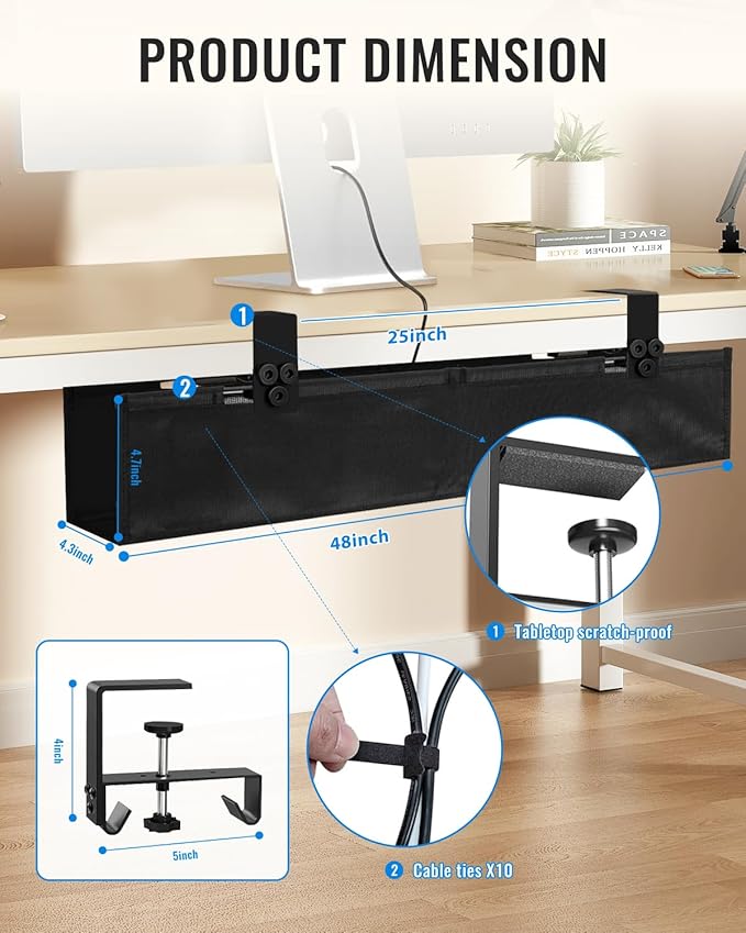 No Drill Cable Management Under Desk, 48" Cord Organizer for Table, Clamp/Screw Mount Cable Tray, Premium Black Fabric Desk Cord Management Tray for Office, Home (Extra Large (48 Inch))