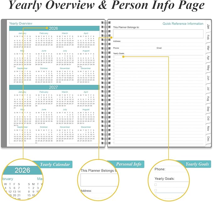 2026 Planner - Planner 2026 from January 2026 to December 2026 with 12 Monthly Tabs, Flexible Cover, Inner Pocket, 8.5" x 11", Grey-B