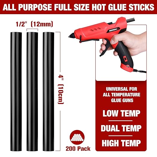 Arrow Full Size Hot Glue Sticks, 200 Pack Black Glue Gun Sticks, 4" and 1/2'' Diameter High Viscosity All-Purpose Gun Stick for DIY Art, Craft General Repairs, Festival Home Decoration