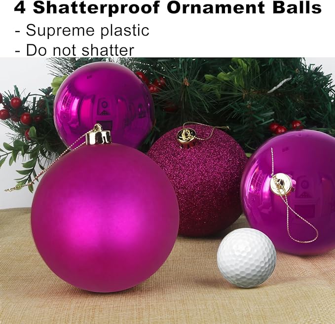 Fuchsia 4.0" X Large Christmas Balls - Christmas Tree Decoration Ornaments Shatterproof Hanging Balls for St Patrick's Day Easter Valentine Decorations Set of 4pcs Hot Pink Ornaments