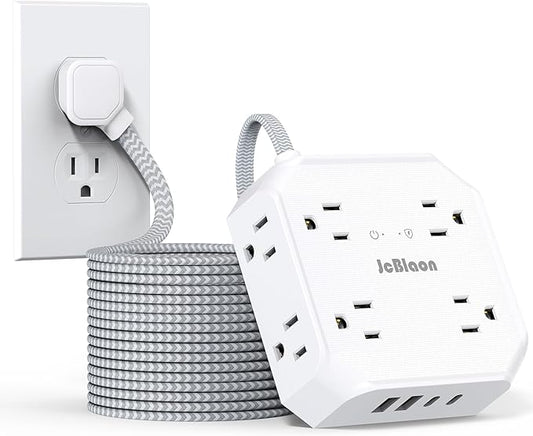 Multiple Outlets Surge Protector Power Strip, 15ft Braided Long Extension Cord with 4 USB Charging Ports(2 USB C) Flat Wall Plug Outlet Heavy Duty Charging Station for Home College Dorm Essentials