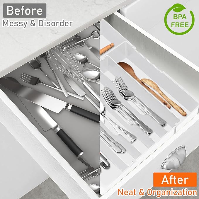 Silverware Organizer - Expandable Silverware Tray for Drawer, Adjustable Utensil Drawer Organizer for Forks, Knives, Kitchen Organizers and Storage, White