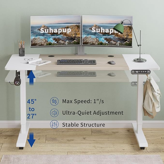 Electric Height Adjustable Standing Desk, 55 x 24 inches Sit - Stand Desk for Work or Home Office Push Button Memory Settings Oak+White Splice Board/White Frame