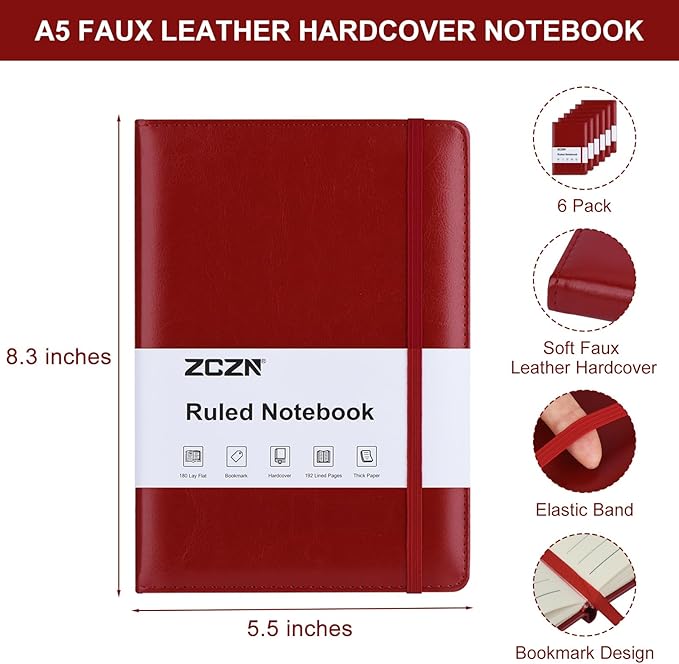 ZCZN 6 Pack Lined Journal Notebooks, 192 Pages A5 Hardcover Leather Journals for Work,Writing,School & Travel, College Ruled Journaling Notebooks for Notes Taking,Diary Notepad (Red*6)