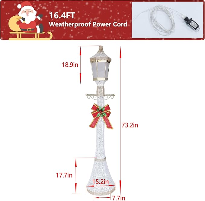 BlueWish 6FT Pre-Lit Freestanding Lamp Post for Christmas Decorations Outdoor, White Post Lamp with Removable Decorative Bow, Lighted Post Christmas Decoration with 120 LED Lights for Yard, Patio