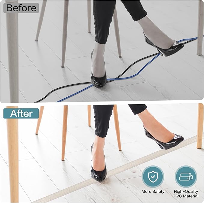 Floor Cord Cover Self Adhesive Cord Hider Floor Extension Cord Covers for Floor Power Cord Protector Cable Management Prevent Cable Trips Cable Cavity 0.59" W x 0.31" H (Beige Wood, 3.3Ft)