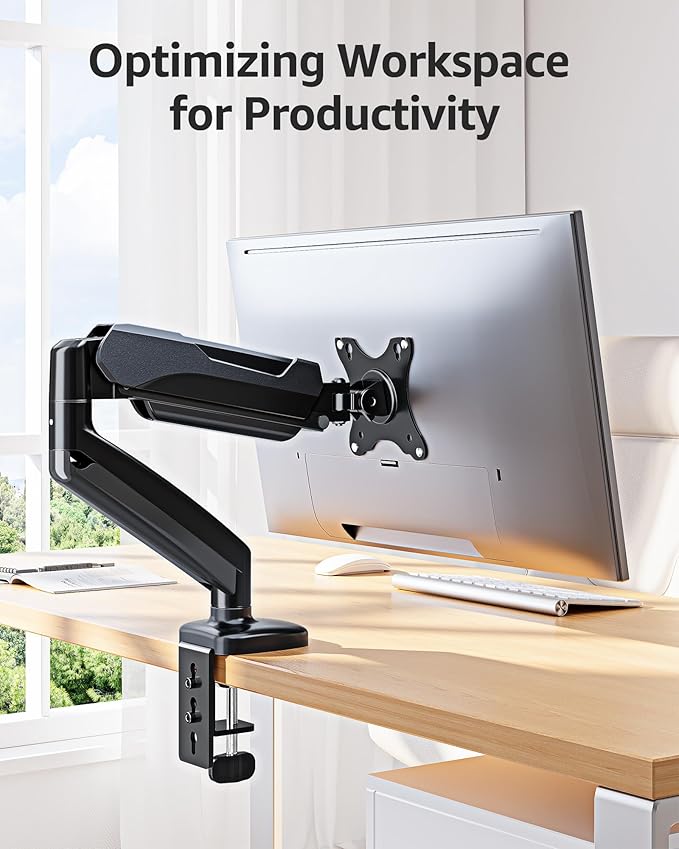 MOUNTUP Single Monitor Desk Mount, Adjustable Gas Spring Monitor Arm Support Max 32 Inch Screen, Computer Monitors Stand with Clamp/Grommet Mounting Base, VESA Mounts Fit 4.4-17.6lbs Computer, Black