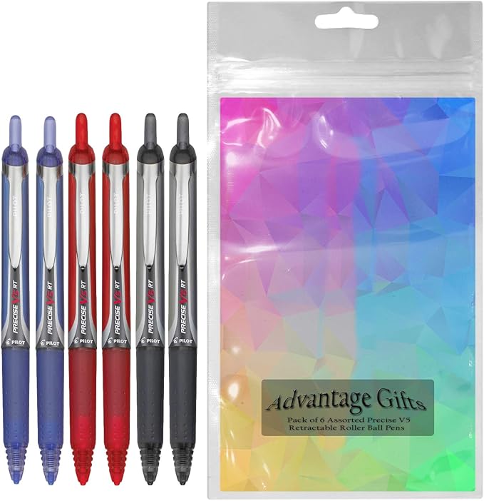 Precise V5 RT Retractable Rolling Ball Pens, Extra Fine Point (.5mm), Assorted Colors Black/Blue/Red Ink, 6-pk; Premium Comfort Grip, Bundle with Plastic Reusable Pouch